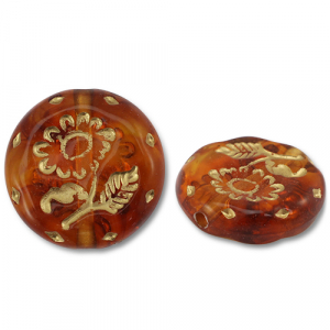 Kralen van acryl round with flower Cognac brown-gold