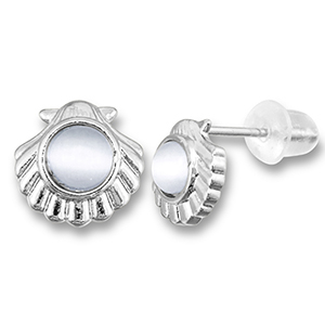 TQ metaal brass oorbellen / oorstekers shell with pearl Silver-light grey