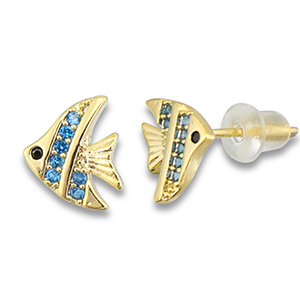 TQ metaal brass oorbellen / oorstekers fish Gold-light blue