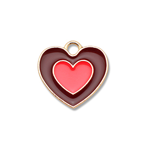 Metaal bedels enamel heart Gold-brown-coral red