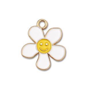 Metaal bedels enamel flower with smiley Gold-white-yellow
