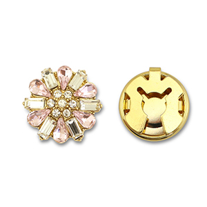 Eco-brass&reg; metaal button covers zirconia flower Gold-crystal-light pink