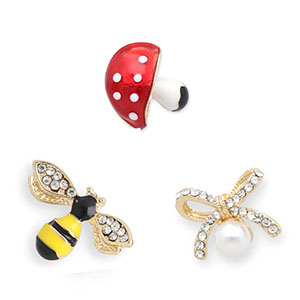 Pins bee / bow / mushroom Gold-yellow-black-red
