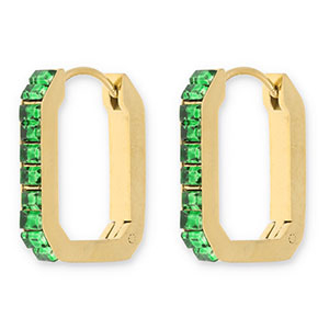 Oorbellen van Stainless steel Roestvrij staal (RVS) creolen rectangle with strass Gold-green