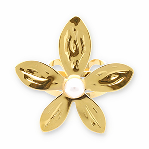 Ringen van Stainless steel Roestvrij staal (RVS) flower with pearl Gold-white