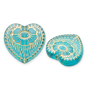 Kralen van acryl heart with flower Teal blue-gold