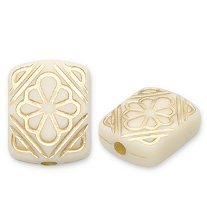 Kralen van acryl rectangle with flower Off white-gold