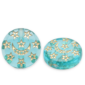 Kralen van acryl disc with moon and stars Teal blue-gold