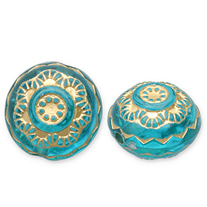 Kralen van acryl round with flower Teal blue-gold