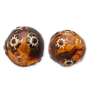 16 mm kralen van acryl round with flowers Cognac brown-gold