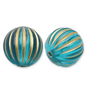 12 mm kralen van acryl round with lines Teal blue-gold