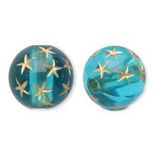 10 mm kralen van acryl round with stars Teal blue-gold