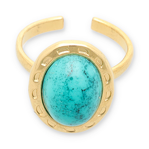 Ringen van Stainless steel Roestvrij staal (RVS) met imitatie natuursteen Gold-turquoise