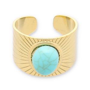 Ringen van Stainless steel Roestvrij staal (RVS) met imitatie natuursteen Gold-turquoise
