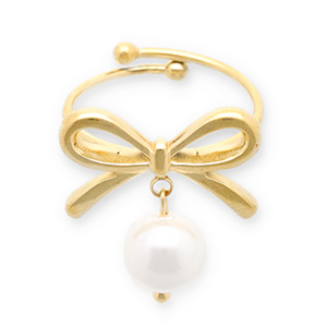 Ringen van Stainless steel Roestvrij staal (RVS) bow with pearl Gold-white