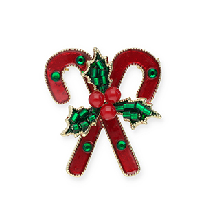 Broches candy canes with christmas greenery Gold-red-green