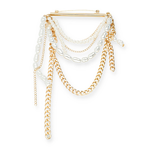 Statement broches bar with chain and pearls Gold-white