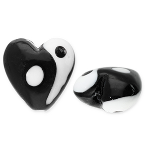 Glas kralen Yin & Yang heart Black-white