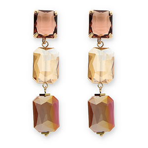 Crystal Glass oorbellen / oorstekers rectangle Bordeaux-amber orange-dark mauve pink AB coating