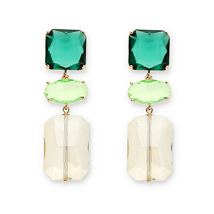 Crystal Glass oorbellen / oorstekers square-oval-rectangle Dark green-light green-sand beige