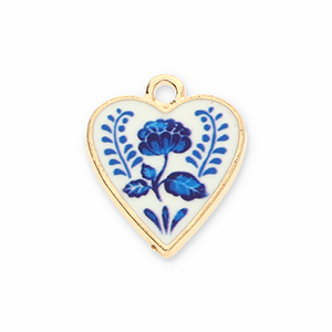 Metaal bedels heart with flower Gold-white-blue