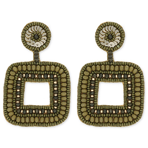 Musthave oorbellen / oorstekers met glaskralen square Olive green