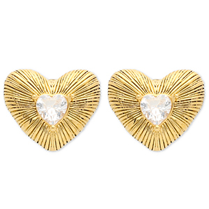 Oorbellen van Stainless steel Roestvrij staal (RVS) oorstekers heart Gold-crystal