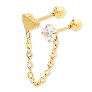 Oorpiercing van Stainless steel Roestvrij staal (RVS) heart with chain & strass Gold-crystal