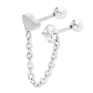 Oorpiercing van Stainless steel Roestvrij staal (RVS) heart with chain & strass Silver-crystal