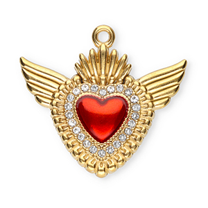 Bedels van Stainless steel Roestvrij staal (RVS) sacred heart with wings Gold-red-crystal