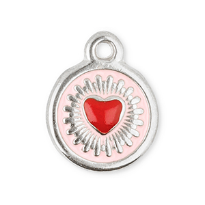 Bedels van Stainless steel Roestvrij staal (RVS) round with heart Silver-red-light pink