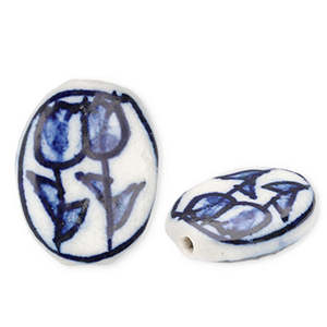 Keramiek kraal oval with tulips Off white-Delft blue