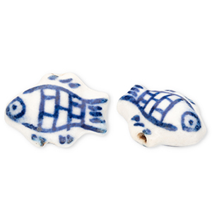 Keramiek kraal fish Off white-Delft blue