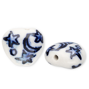 Keramiek kraal heart with moon and stars Off white-Delft blue