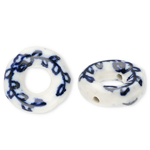 Keramiek kraal donut Off white-Delft blue
