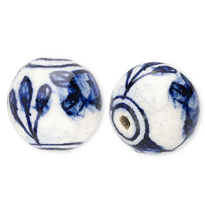 Keramiek kraal 18mm with tulip Off white-Delft blue