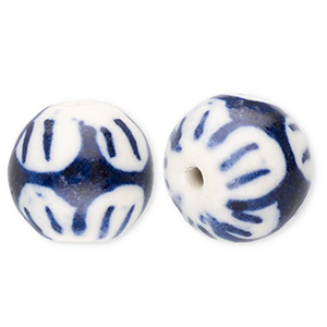 Keramiek kraal 12mm with flower Off white-Delft blue