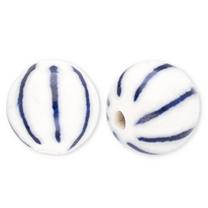 Keramiek kraal 10mm with stripes Off white-Delft blue