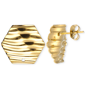 Benodigdheden van Stainless steel Roestvrij staal (RVS) oorbellen / oorsteker hexagon with lines with loop Gold