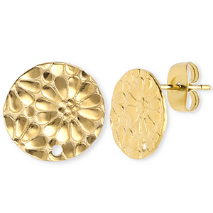 Benodigdheden van Stainless steel Roestvrij staal (RVS) oorbellen / oorsteker round with flower with loop Gold