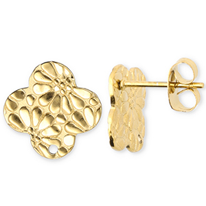 Benodigdheden van Stainless steel Roestvrij staal (RVS) oorbellen / oorsteker clover with flower with loop Gold
