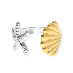 Ringen van Stainless steel Roestvrij staal (RVS) starfish and shell Silver-gold