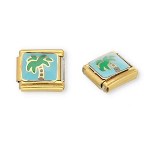 Italian charms losse schakels van Stainless steel Roestvrij staal(RVS) palmtree Gold-light blue-green