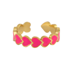 Ringen van Stainless steel Roestvrij staal (RVS) enamel heart Magenta-gold