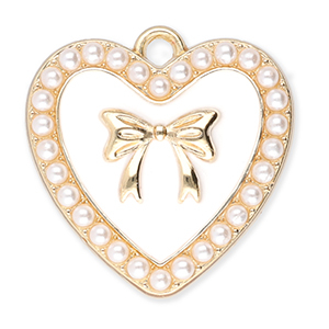 Metaal bedels heart with pearls and bow Gold-white