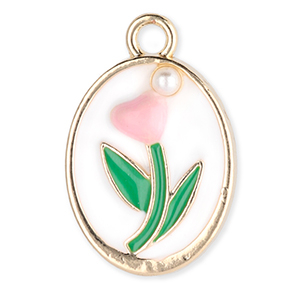 Metaal bedels oval with tulip with pearl Gold-white-green-light pink