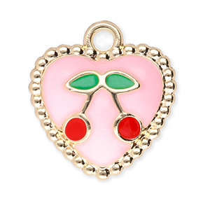 Metaal bedels heart with cherries Gold-light pink-red-green