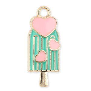 Metaal bedels ice lolly with hearts Gold-green-light pink