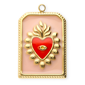 Bedels van Stainless steel Roestvrij staal (RVS) rectangle with heart Gold-vintage pink-red