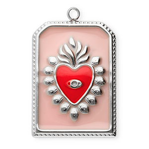 Bedels van Stainless steel Roestvrij staal (RVS) rectangle with heart Silver-vintage pink-red